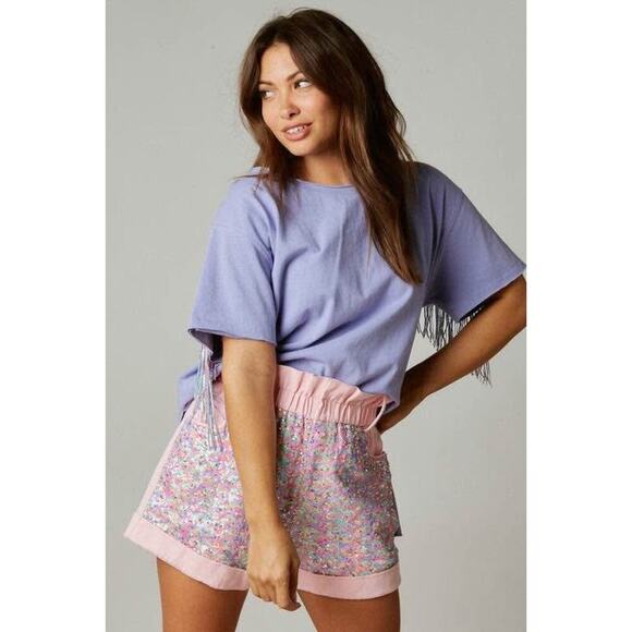 Fantastic Fawn Women’s Large Pink Sequin Color Block Paper Bag Denim Shorts - Picture 7 of 8